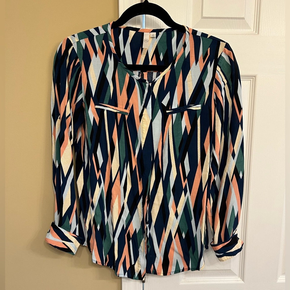 Source Unknown Geometric Print Button-Down Blouse - Navy, Peach, Green, Cream